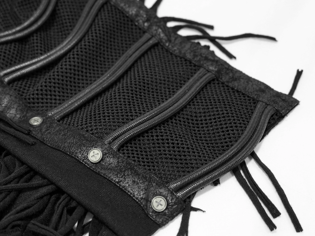 Close-up of studded mesh shoulder panel on gothic fringe t-shirt - metal stud fasteners with leather trim and hanging fringes