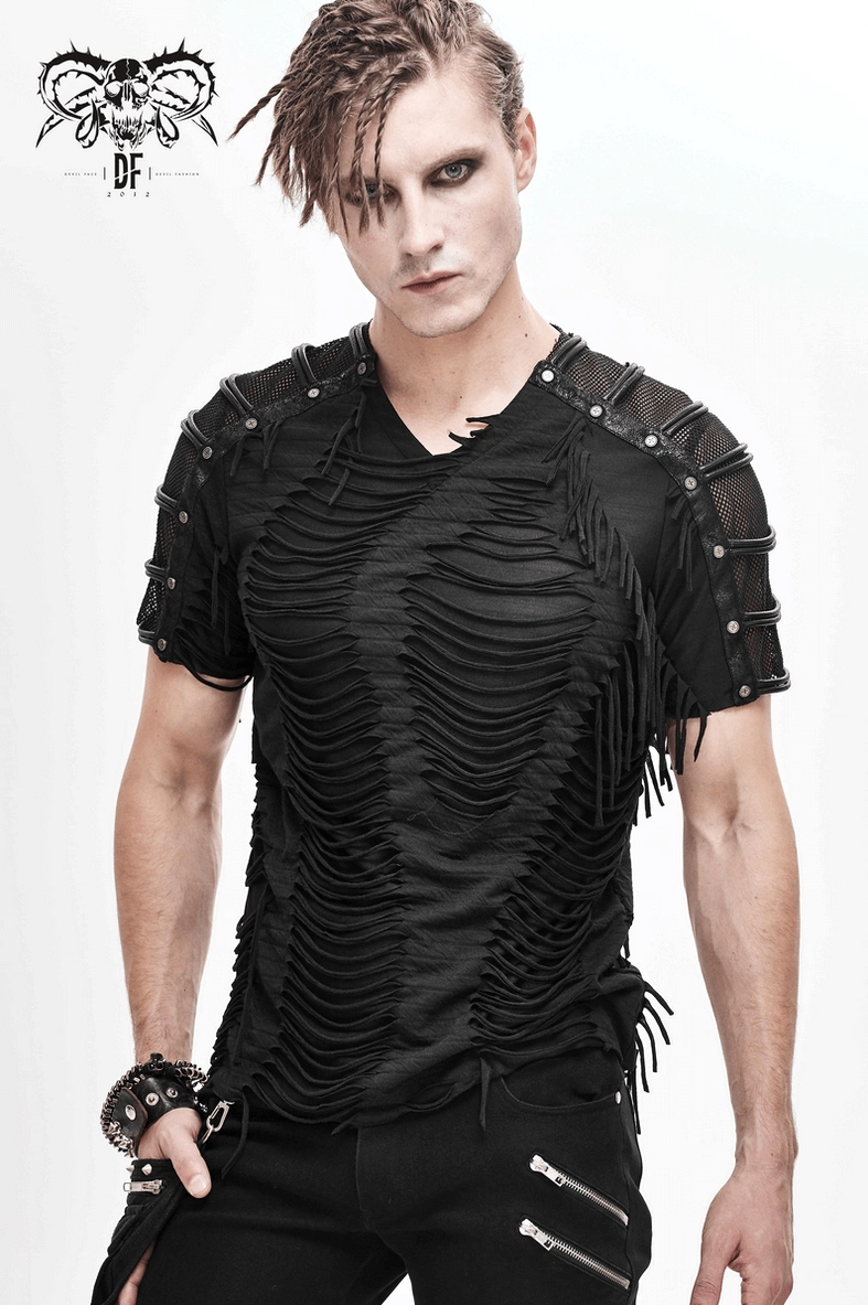 Gothic fringe t-shirt side view detail - layered fringes with mesh panel and studded construction on dark fashion piece