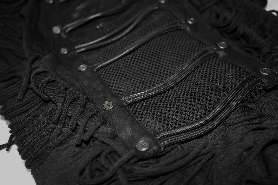 Black gothic fringe t-shirt wear styling - demonstrating distressed mesh panels and studded shoulder accents with dark aesthetic appeal
