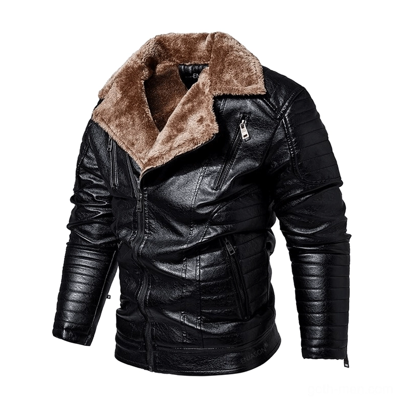 Gothic fur collar leather jacket front view with quilted sleeves and metal zipper details in black
