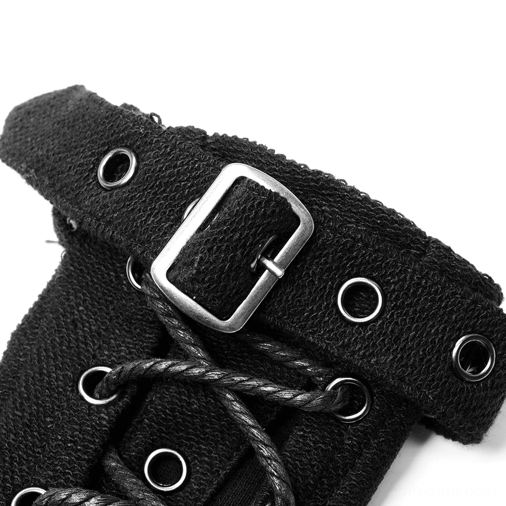 Gothic glove strap detail showing square metal buckle, fabric eyelet strap, and rope lacing