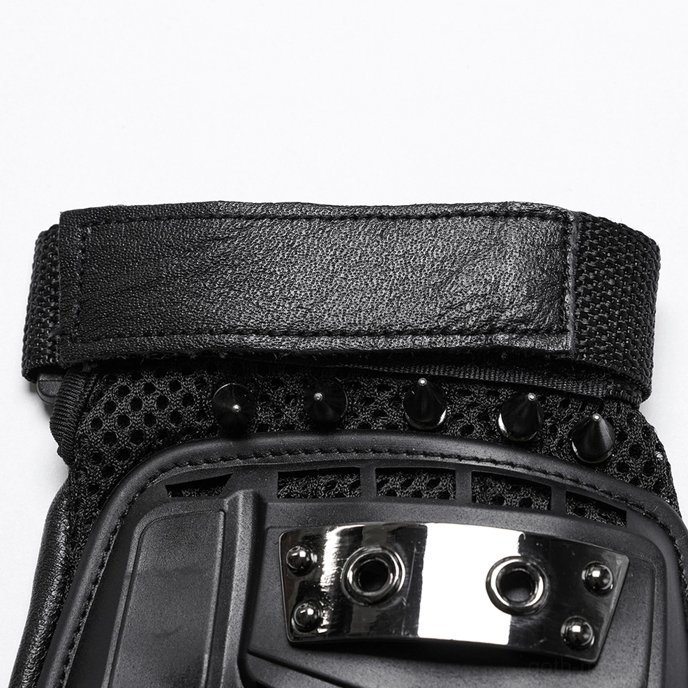 Top-down detail view of single gothic fingerless glove, showcasing adjustable wrist strap and spiked mesh panel