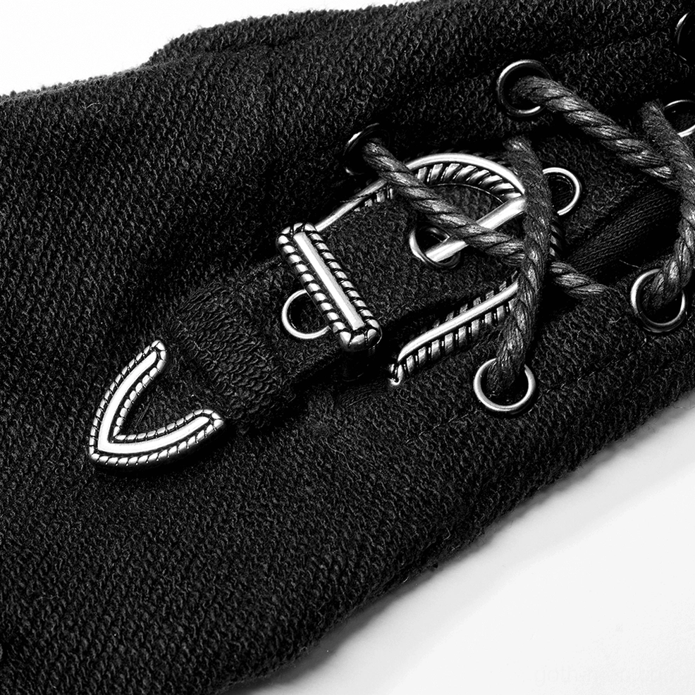 Macro close-up of glove metal hardware featuring square buckle, grommets, and rope lace-up system