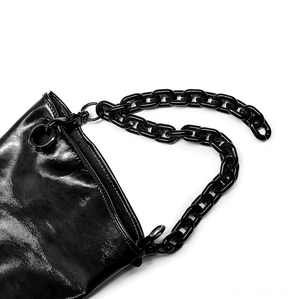 Black shiny patent leather glove showing full finger construction and smooth surface finish in close-up detail view