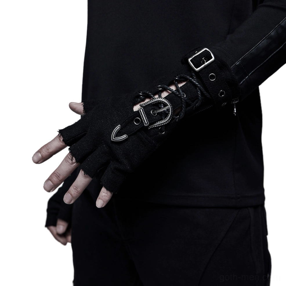 Close-up side view of black fingerless glove showing metal hardware details and rope lacing system
