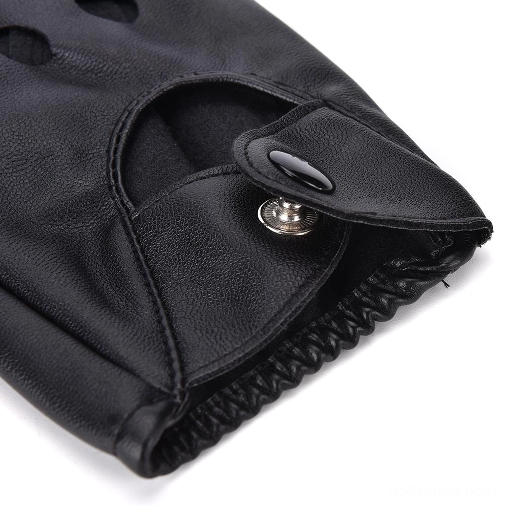 Close-up metal snap button detail on gothic fingerless gloves wrist strap