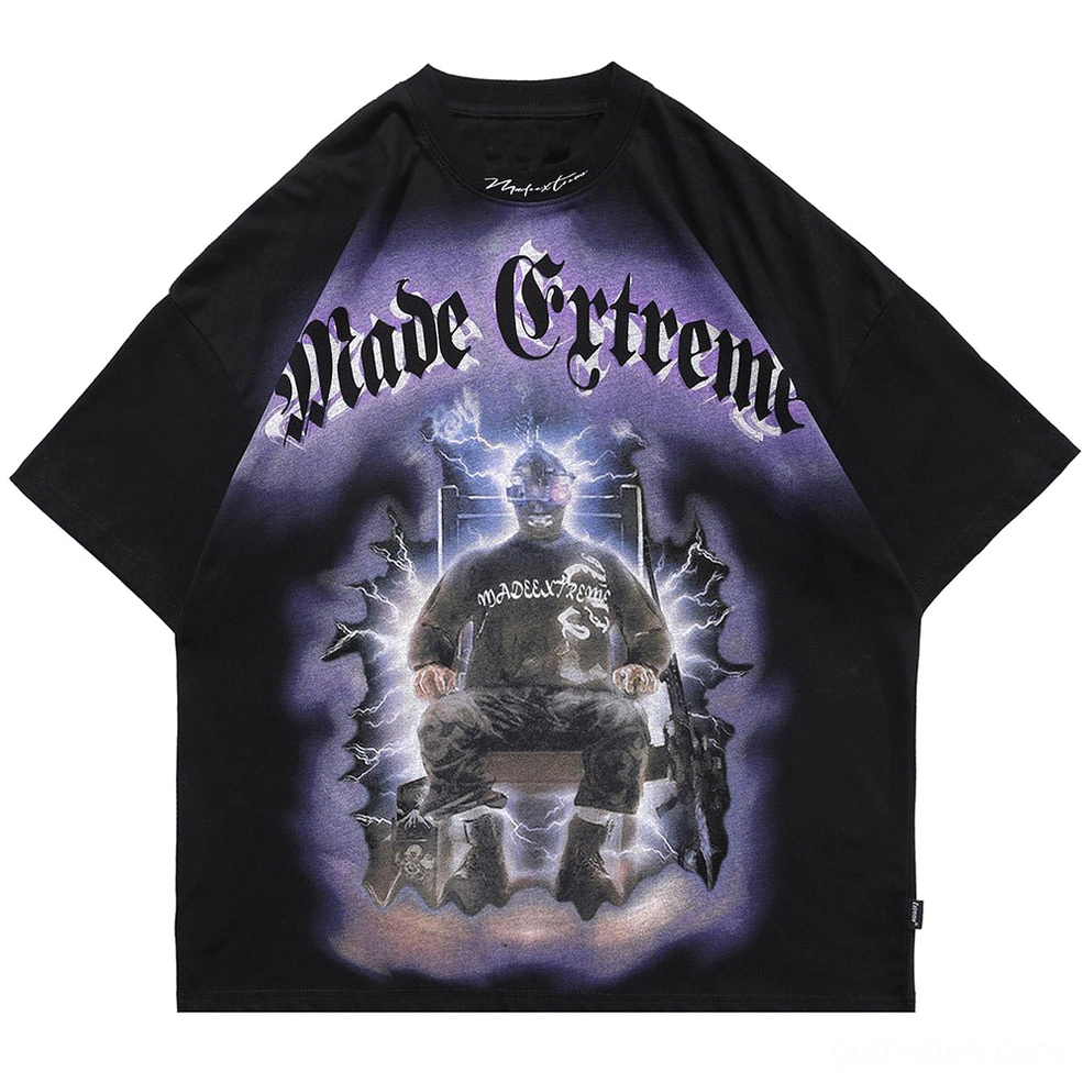 Gothic lightning throne graphic tee back flat lay showing oversized fit
