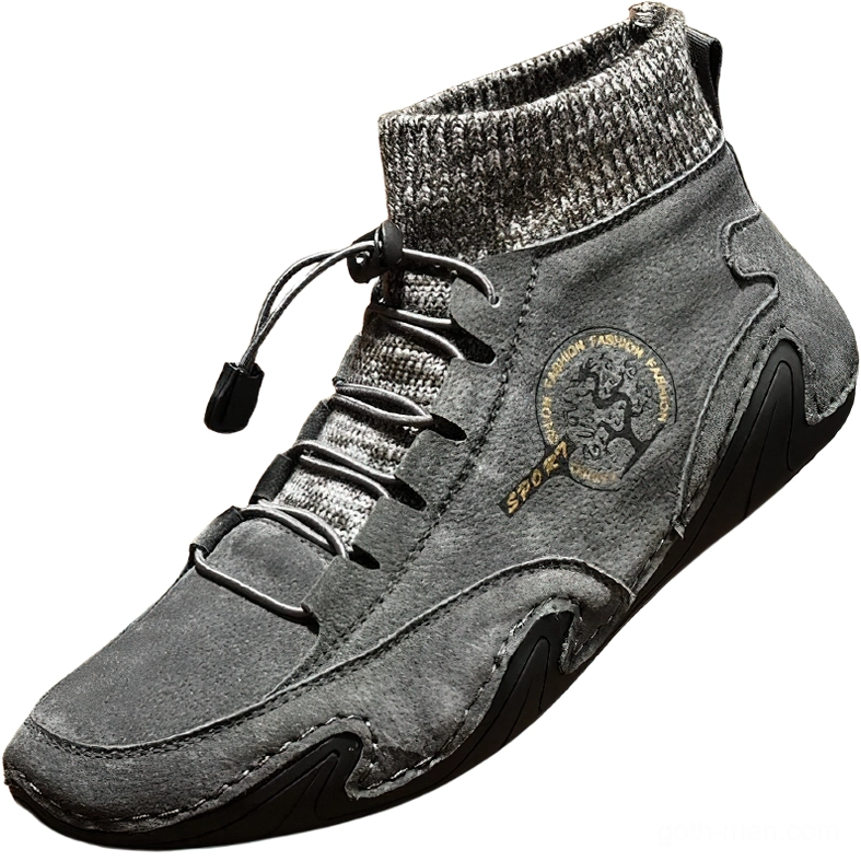 Dark grey gothic casual sneakers with embroidered sport logo - oblique front angle view