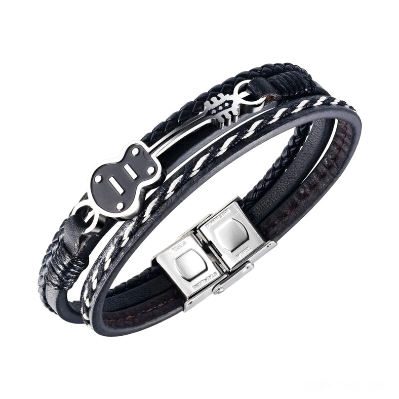 Flat guitar charm layered genuine leather bracelet with stainless steel accents – dark gothic aesthetic men's jewelry
