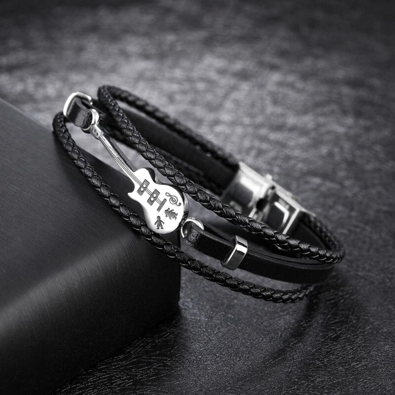 Multilayer guitar charm leather bracelet with dual braided straps and metal toggle clasp – gothic side view detail