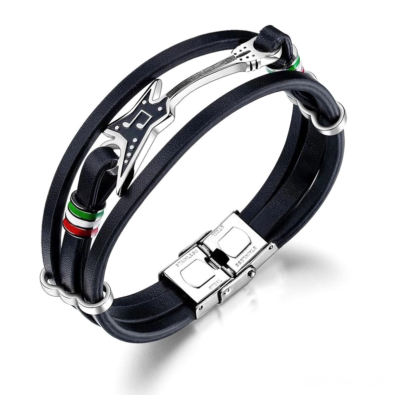 Electric guitar charm on dual leather strap bracelet with red-green-white metal detailing – gothic alternative jewelry