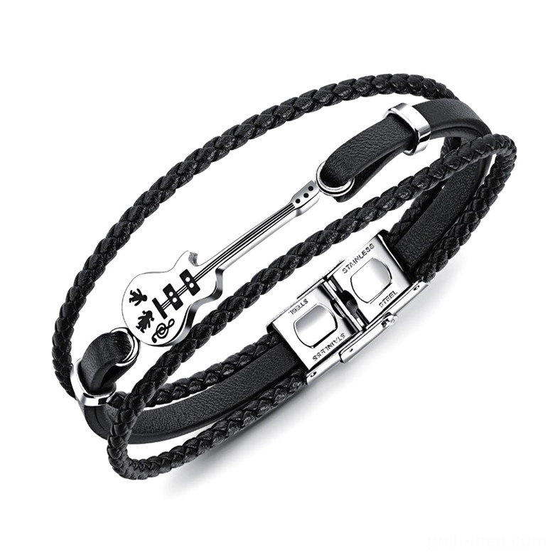 Black multilayer leather bracelet with bass guitar charm and stainless steel toggle clasp – gothic style men's bracelet
