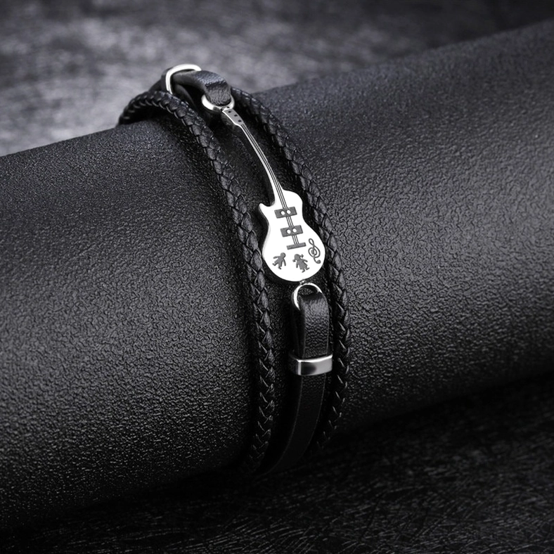 Gothic guitar leather bracelet showcase featuring multiple metal charm variations and stainless steel components