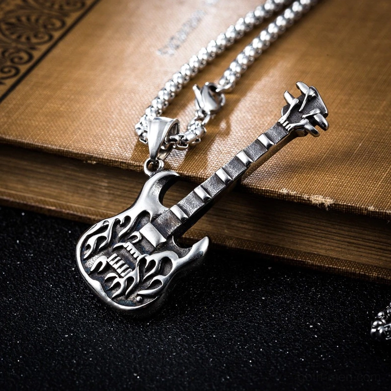 gothic guitar pendant necklace antique silver vintage book dark aesthetic style