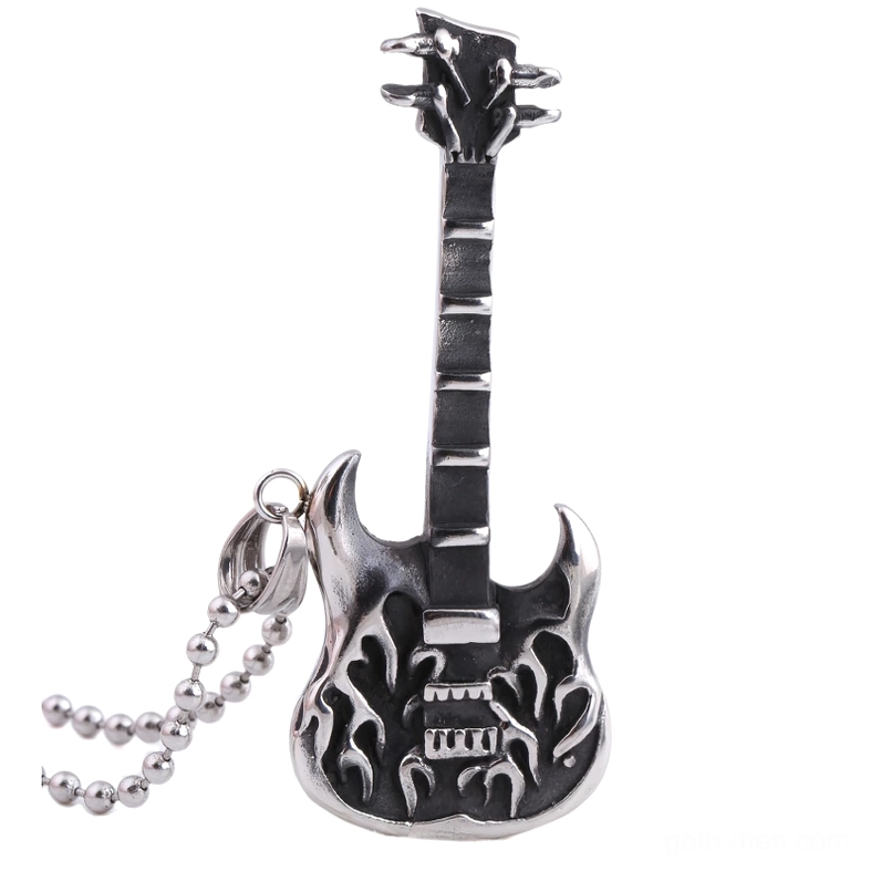 gothic guitar pendant necklace dual chain design antique silver tone vintage punk style