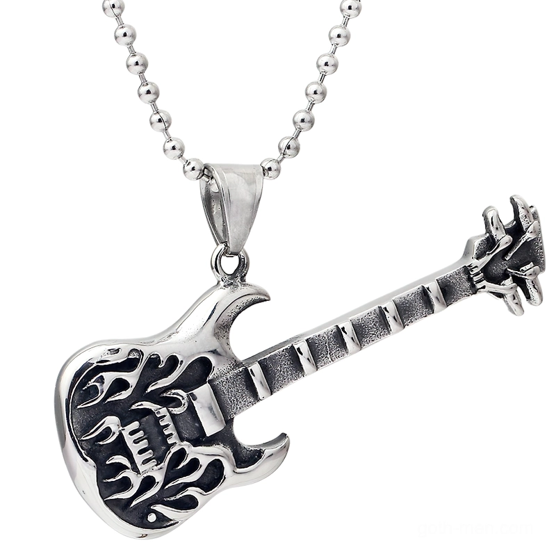 gothic flame guitar pendant necklace silver stainless steel front view with link chain