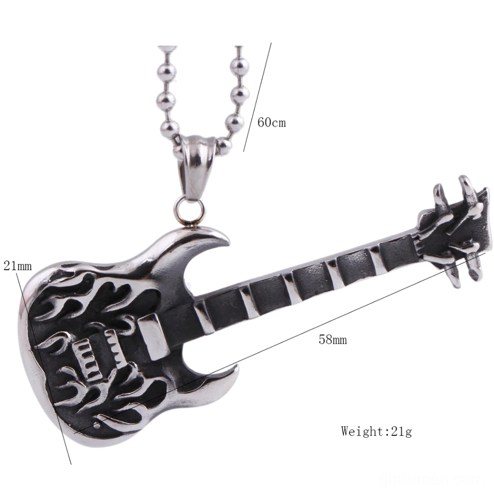 gothic guitar pendant necklace dimensions measurements weight flame texture details