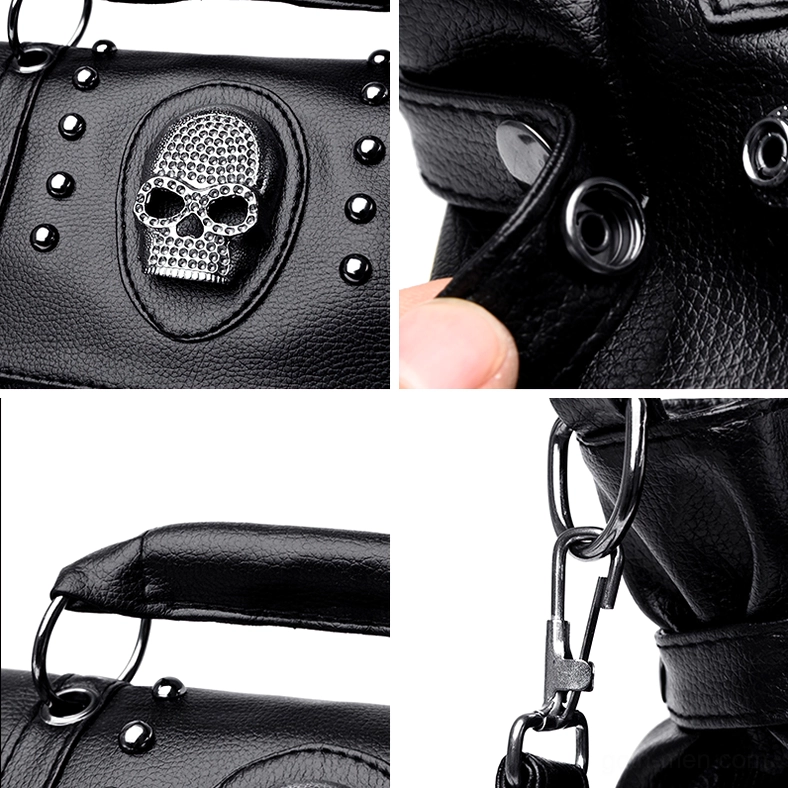 Close-up details of skull decoration rivet work snap buttons and metal hardware on alternative gothic handbag