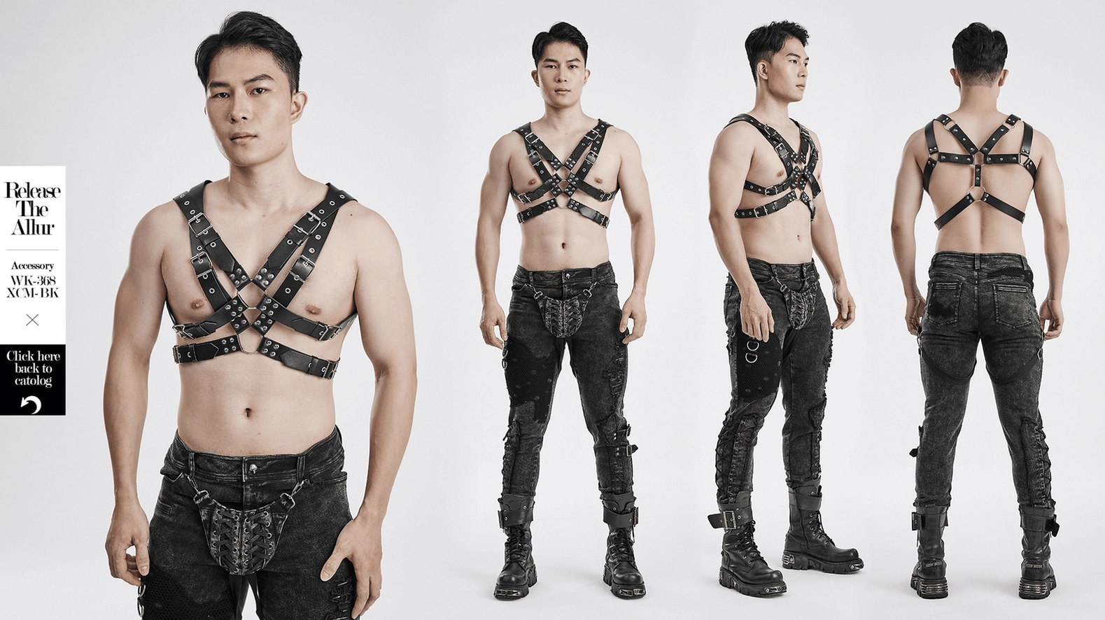 Gothic leather body harness detail view showing premium PU leather construction and metal ring hardware components