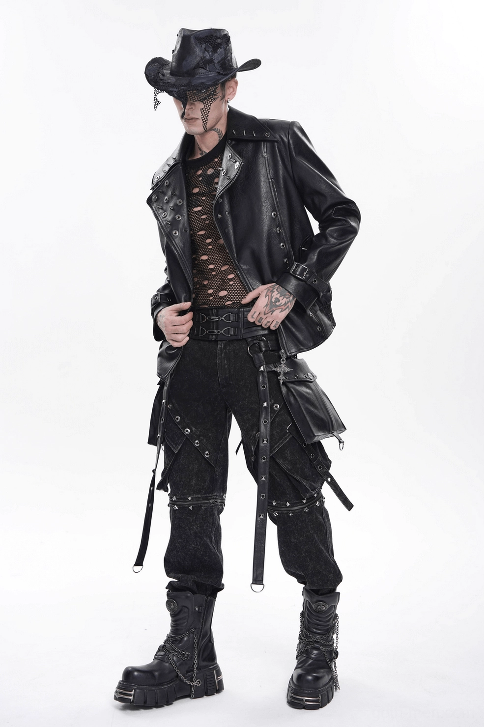 Gothic body harness with adjustable leg attachment straps and metal D-ring hardware, side detail view on mannequin