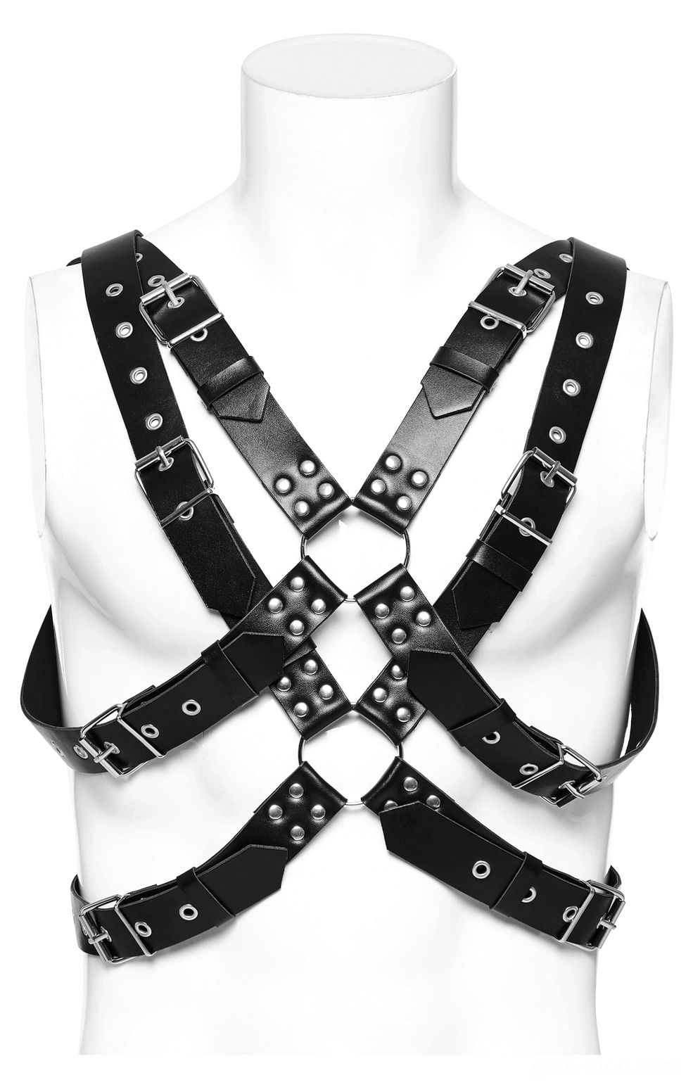 Gothic leather harness rear back view on mannequin showing crossed straps central metal O-ring connection