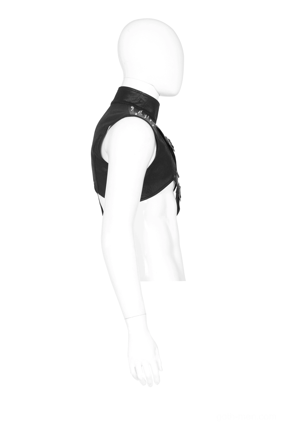One-shoulder gothic leather harness - side profile showing fitted single shoulder panel and structural fit