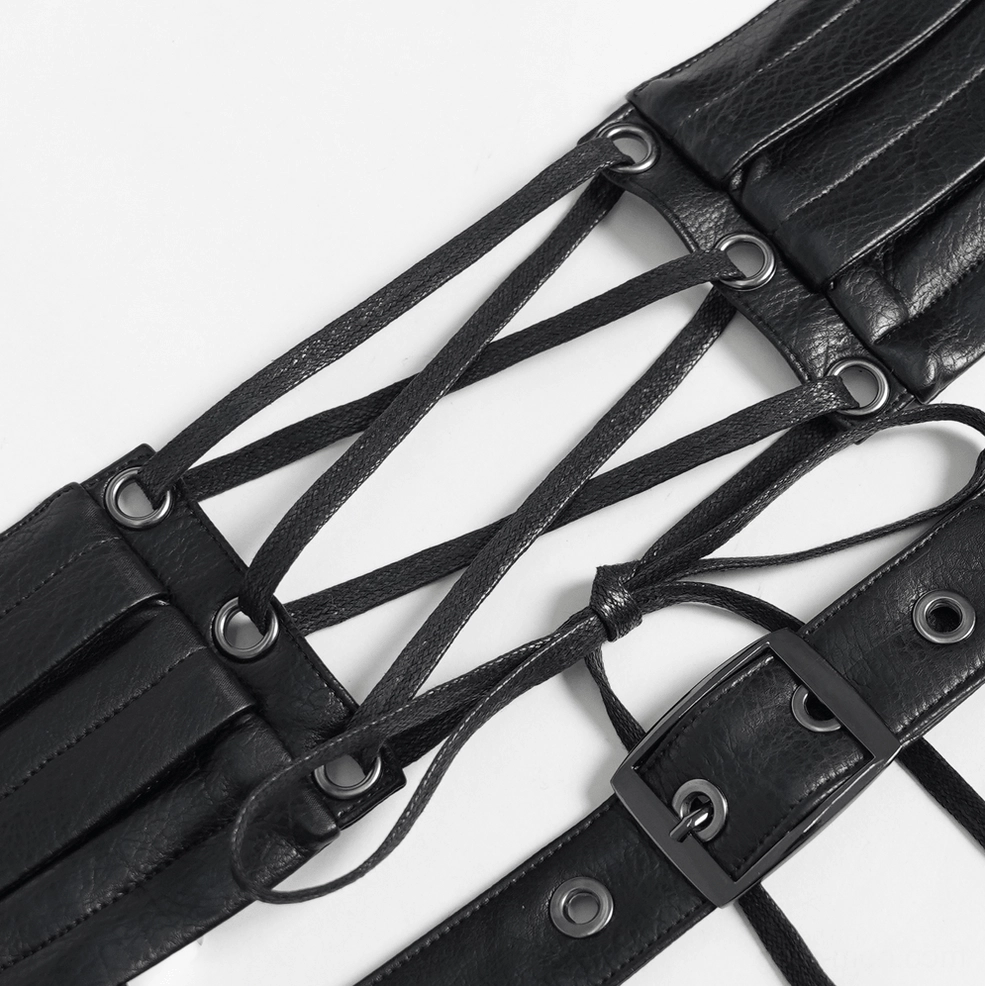 Gothic harness belt styling details including lace-up back, metal rings, and pocket placements on white mannequin, side angle view