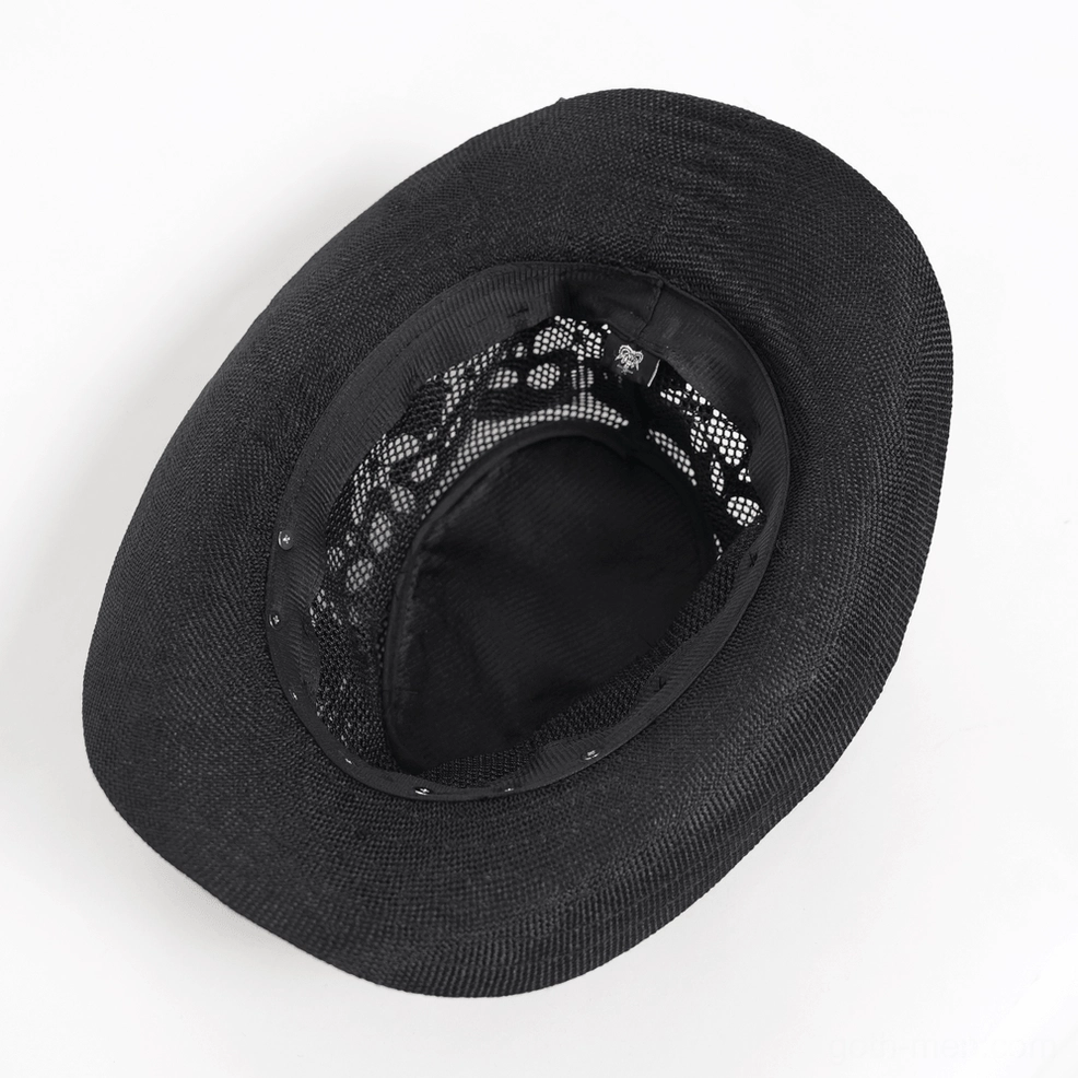 Gothic skull lace cowboy hat with skeleton hand decoration and metal spike trim, overhead angle