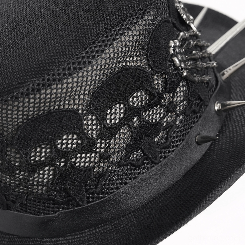 Gothic skull lace cowboy hat with spike leather trim and skeleton decor, mannequin display angle
