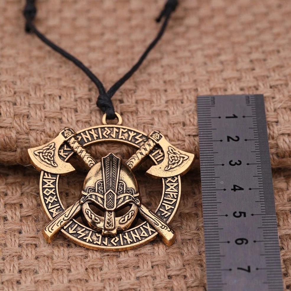 Dark gothic helmet axe pendant necklace with Norse symbols, wearable talisman