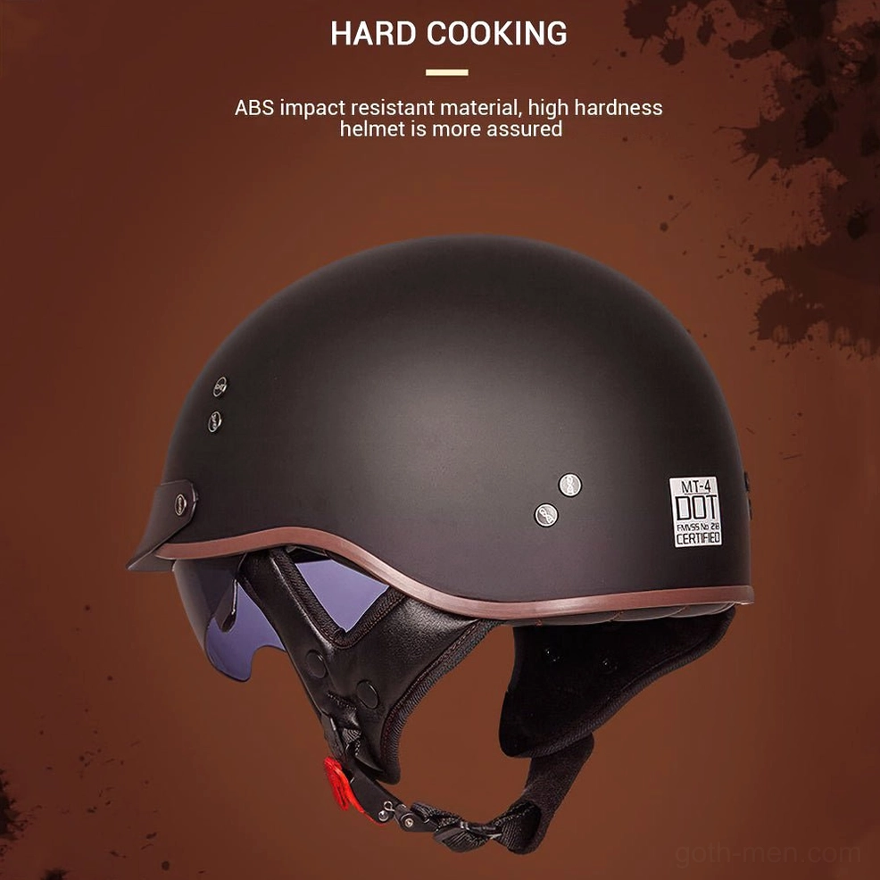 Front angle of DOT MT-4 certified gothic half-face biker helmet with metal accents and brown trim