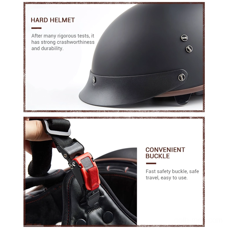 Half-face biker helmet detail close-up featuring matte black interior, durable ABS crash-resistant shell, and premium quick-release safety buckle mechanism