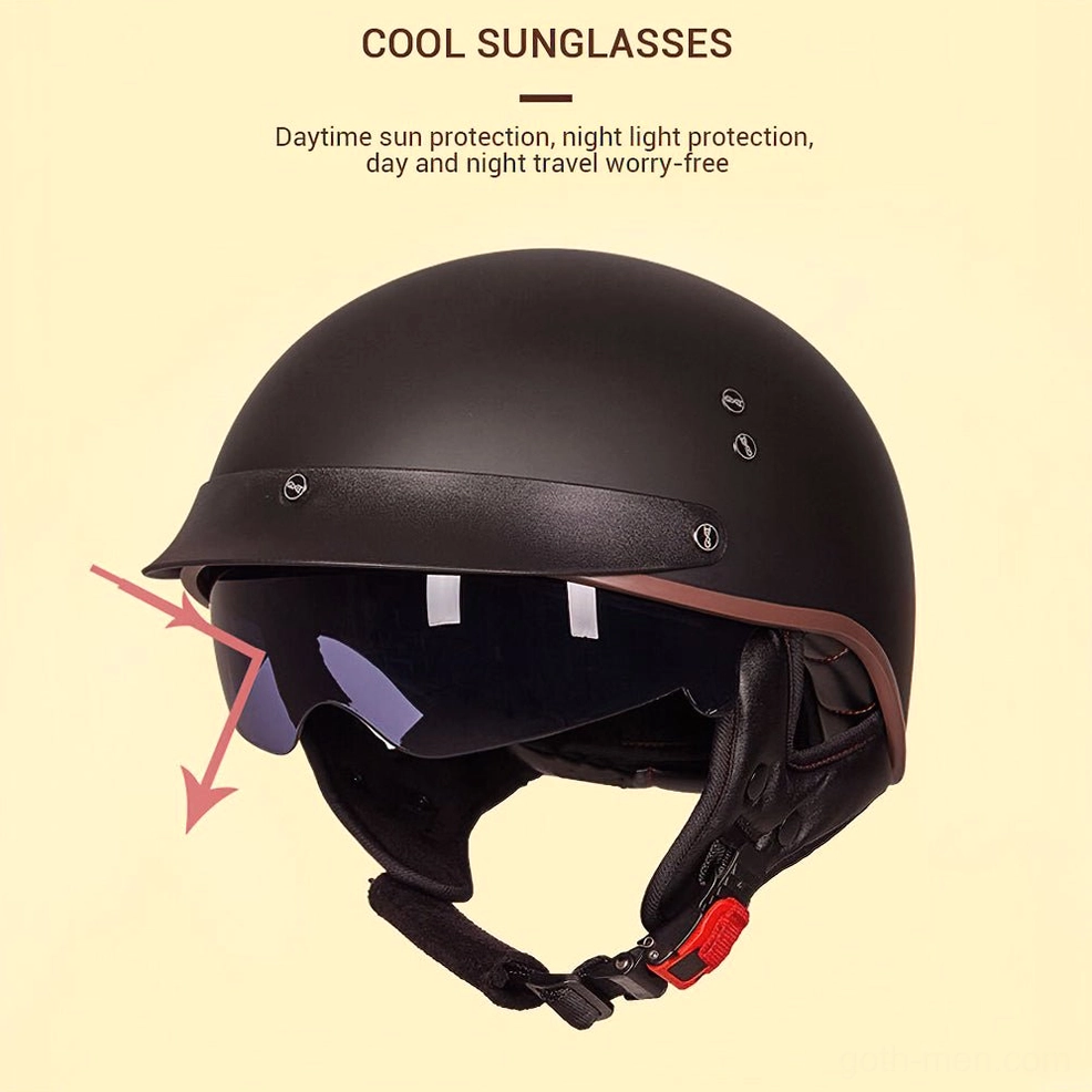 Matte black gothic half-face helmet with UV-protective visor and metal rivet details