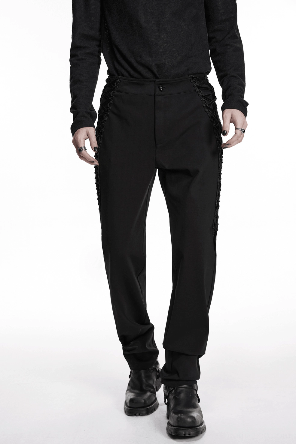 Full product view of gothic men's high-waist black slim pants showcasing overall silhouette and construction