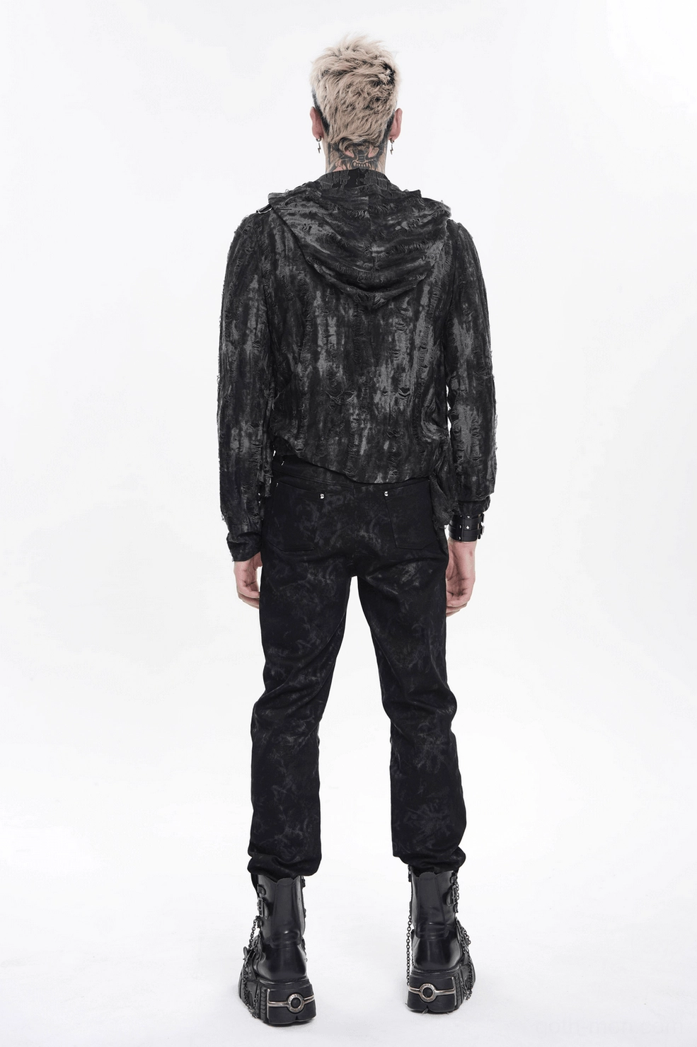 Black gothic hooded mesh top showing distressed fabric and integrated chain harness system