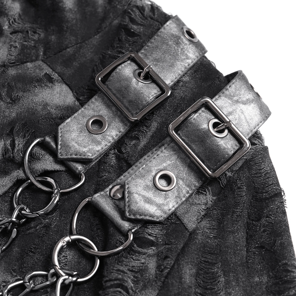 Black gothic distressed hooded mesh top showing layered construction and chain detailing