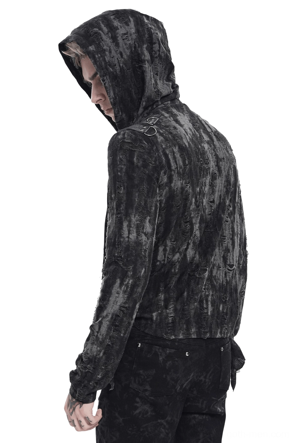 Black gothic hooded chain top with distressed tie-dye texture - side rear view on male model