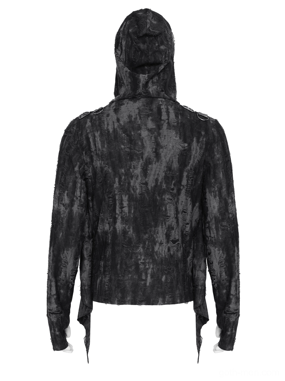 Black distressed gothic hooded top with integrated hood design - rear mannequin view