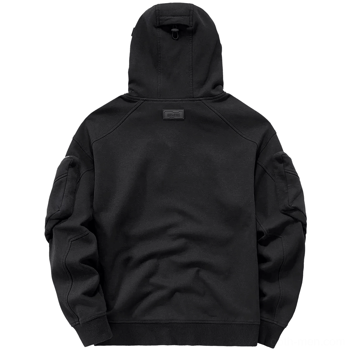 Black gothic hoodie back view showcasing raglan sleeves and structural design