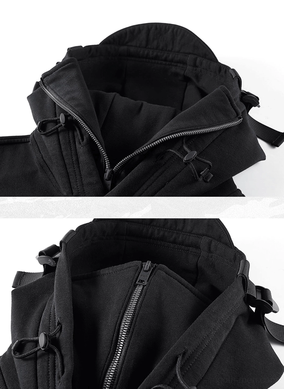 Gothic hoodie neck zipper and adjustable webbing strap detail side view