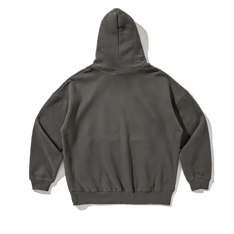 Dark gray gothic hoodie rear view showing solid back and ribbed hem
