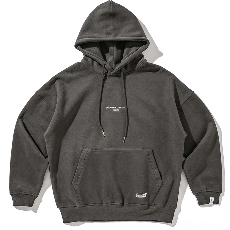 Dark gray gothic hoodie flat lay front view showing letter print and kangaroo pocket