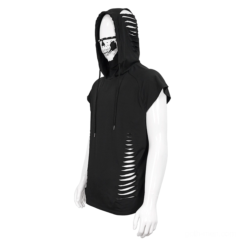 Distressed black gothic hoodie side profile showing ripped details and skull hood print