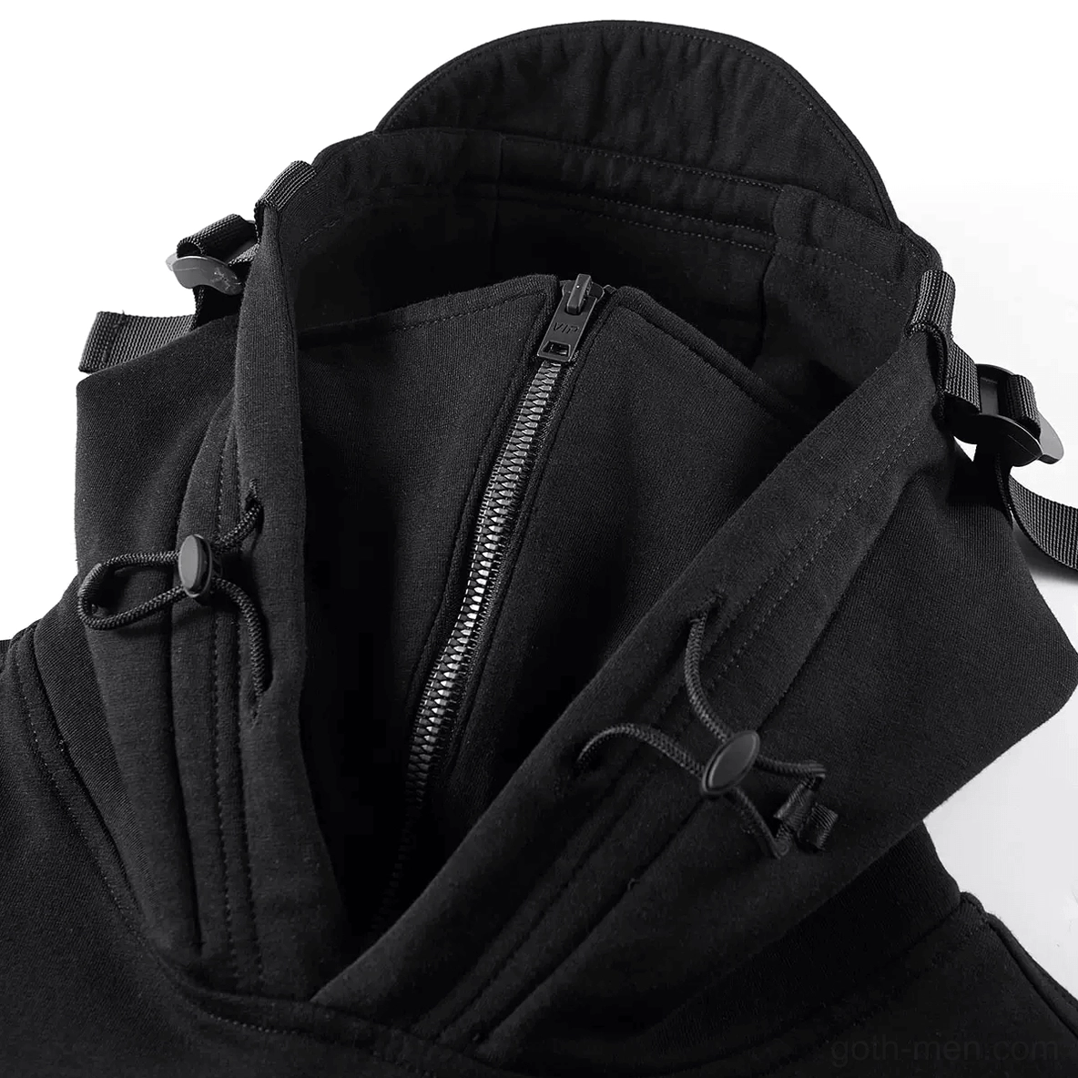 Dual-layer neckline detail of gothic hoodie with half-zip and drawstring toggles