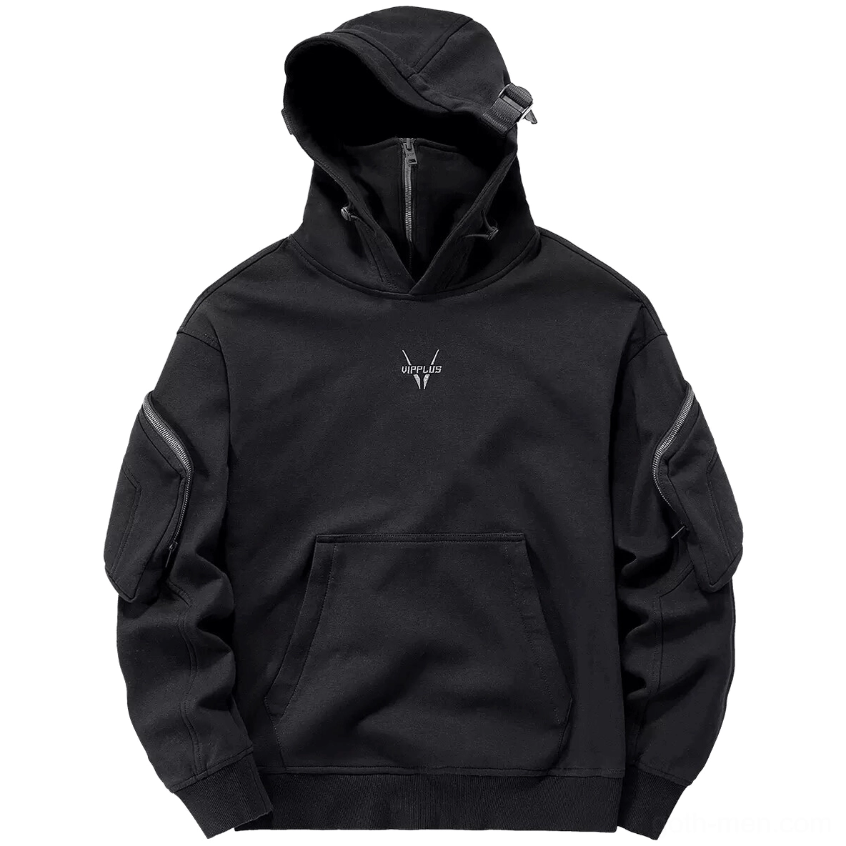 Black gothic dual-layer neckline hoodie front view with functional sleeve pockets