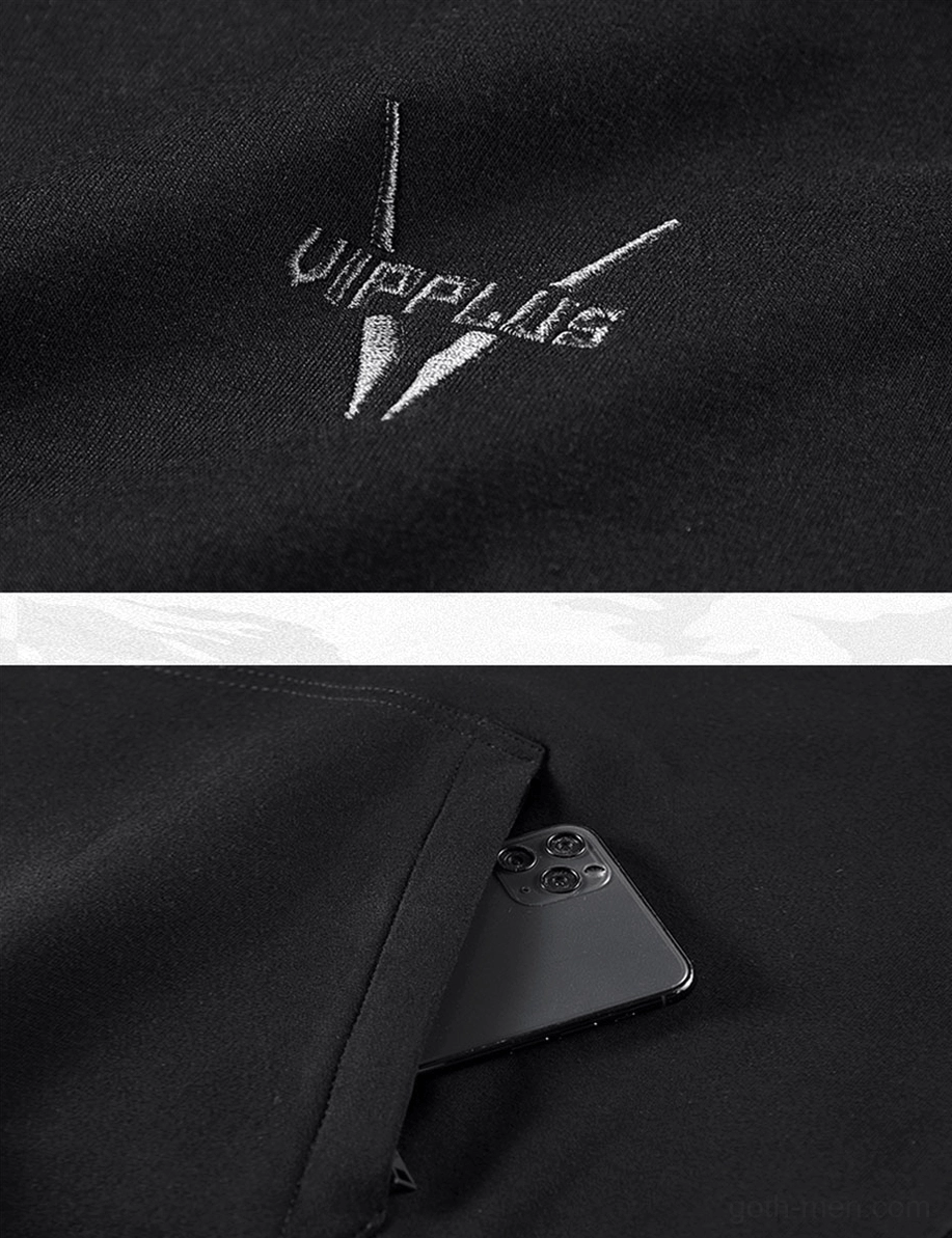 Metallic embroidery logo detail on gothic hoodie chest