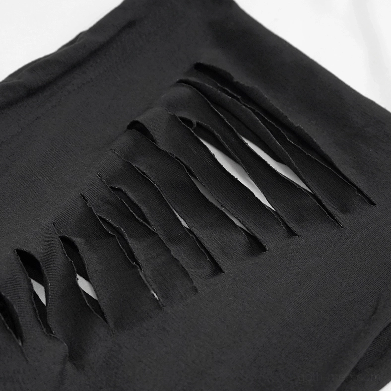 Black distressed gothic hoodie fabric texture showing wide frayed ripped slits