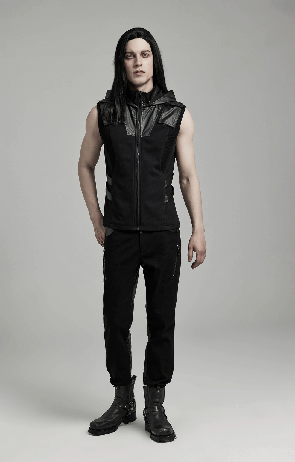 Rubberized knit fabric texture and splicing detail on black gothic sleeveless hoodie