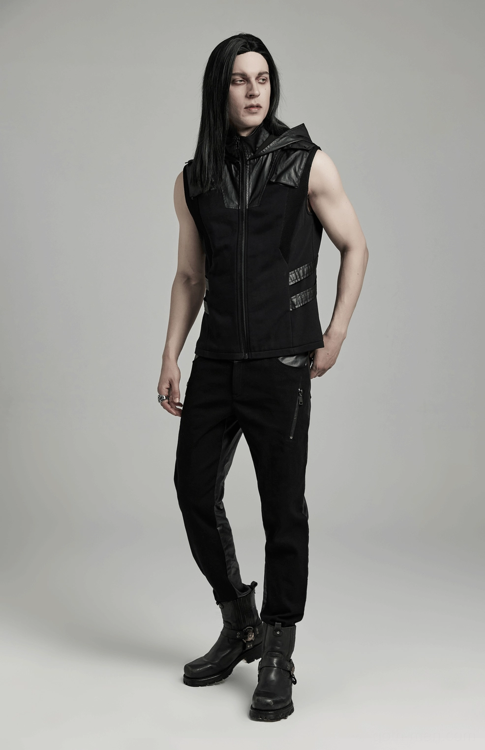 Fitted silhouette and hood structure of black gothic techwear sleeveless vest detail shot