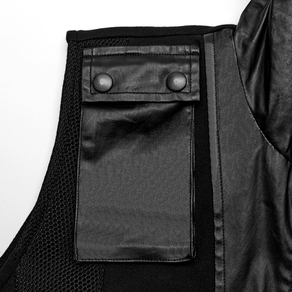 Close-up detail of leather snap pocket and mesh fabric base on gothic sleeveless hoodie